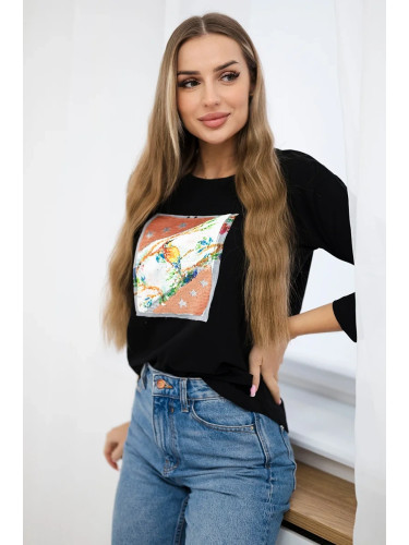 Blouse with 3D Bird black graphics