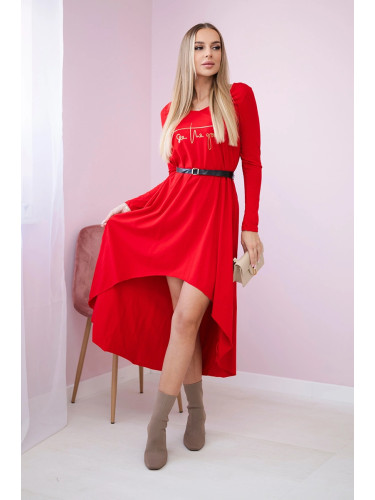 Dress with decorative belt and red inscription