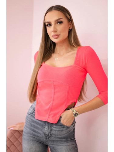 Ribbed blouse with pink neon neckline