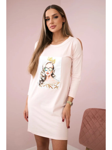 Dress with graphics of a girl in glasses 3D powder pink