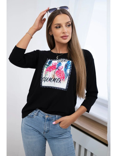 Blouse with 3D black flamingo graphics