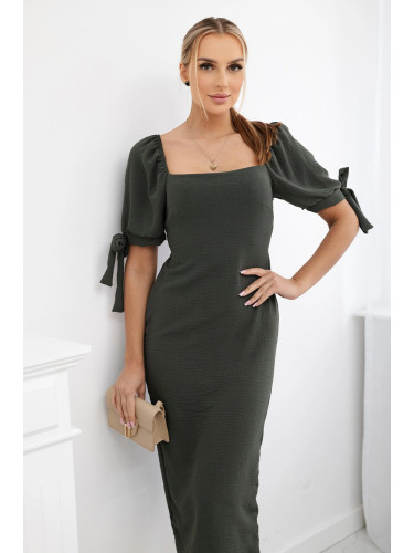 Women's dress gathered at the back with a sleeve with ties - khaki