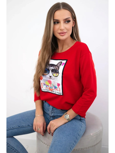 Blouse with cat graphics 3D red