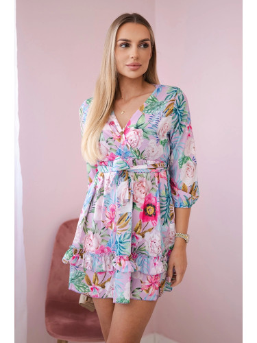 Floral dress with waist tie in purple color