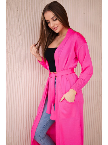 Long cardigan sweater with waist tie pink neon