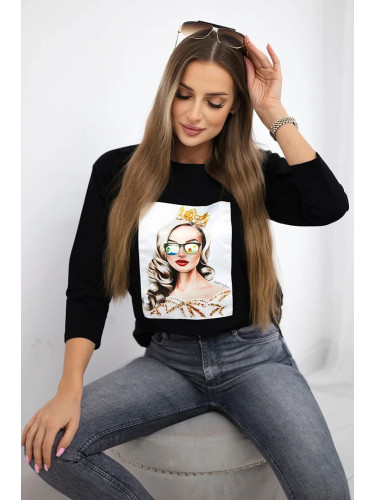 Blouse with graphics of a girl in glasses 3D black