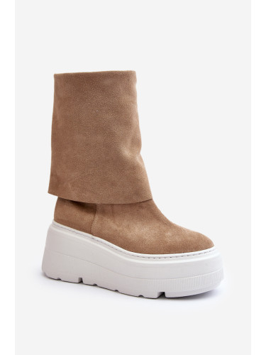 Zazoo 3410 Велурени дамски боти на масивна платформа, бежови