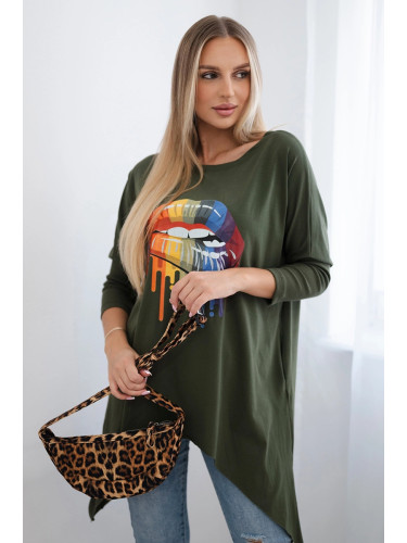Oversized blouse with khaki rainbow lip print