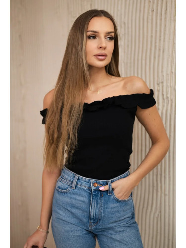 Black blouse with ruffles over the shoulder