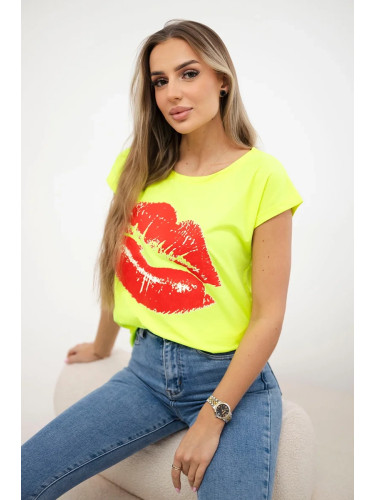 Lip print blouse yellow neon+red