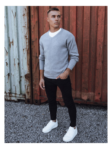 Мъжки пуловер с V-образно деколте, светло сив