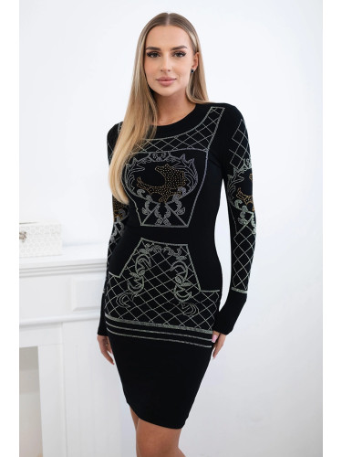 Knitted dress with gold and silver pattern of black cubic zirconia
