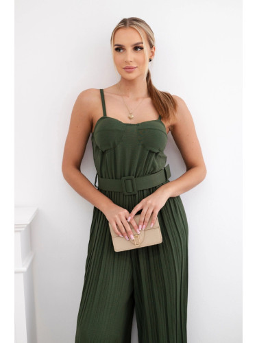 Pleated jumpsuit with khaki straps
