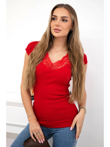 Blouse with lace neckline red