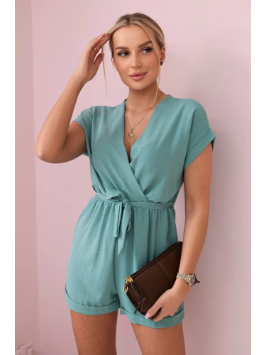 Short jumpsuit with a dark mint waist tie