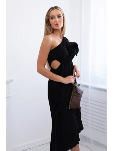 Women's pleated dress with flower - black