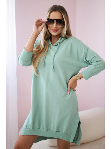 Dress with a hood and a long back in dark mint