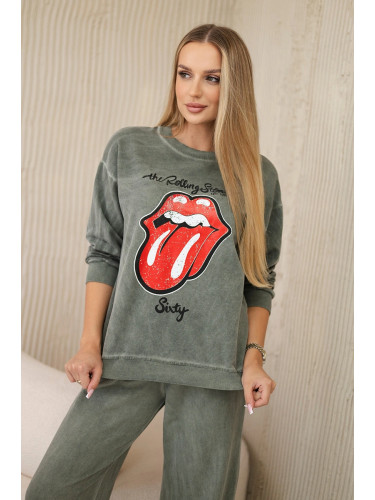 Kesi Włoski Cotton set wiped with print sweatshirt + pants khaki