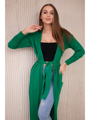 Long sweater with waist tie in green color