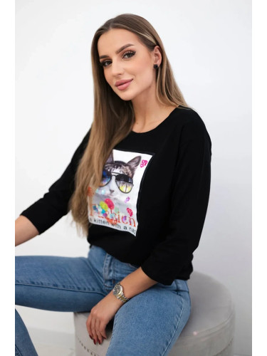 Cat Graphic Blouse 3D Black