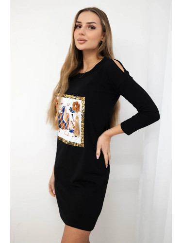 Dress with 3D graphics and decorative pom pom black