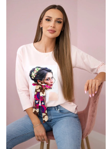 Blouse with graphics and colorful bow 3D powder pink