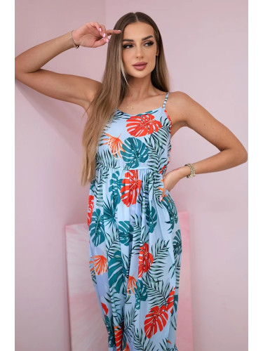 Dress with a leaf motif of azure color