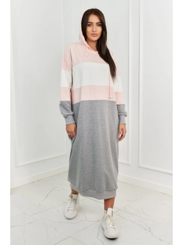 Three-color hooded dress powder pink + ecru + gray