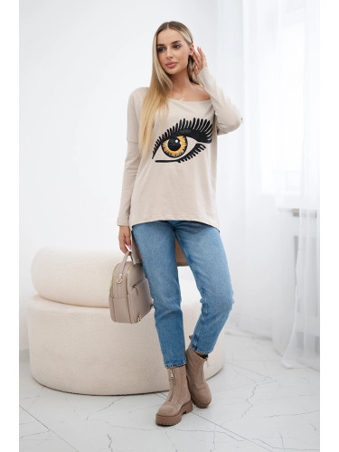 Blouse with print and longer back beige