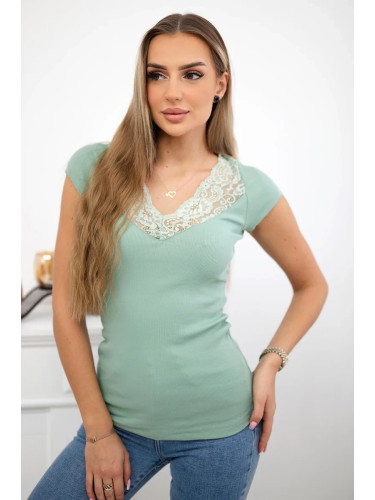 Blouse with lace neckline dark mint