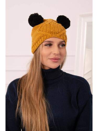 marka niezdefiniowana Cap with fleece 2 pompoms K291 mustard