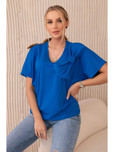 Cotton blouse with decorative bow cornflower blue