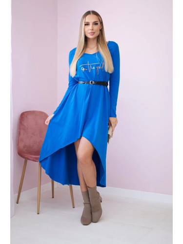 Dress with decorative belt and mauve-blue inscription