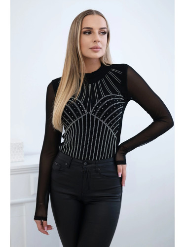 Knitted blouse with bodysuit with tulle sleeves black