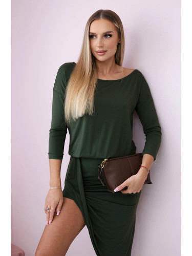 Asymmetrical dress, 3/4 sleeve khaki