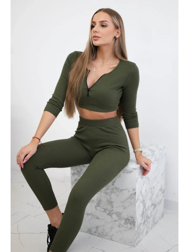 Ribbed crop top set in khaki color