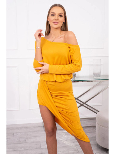Asymmetrical dress, 3/4 mustard sleeve