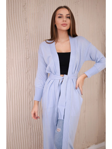 Long sweater with waist tie in blue color