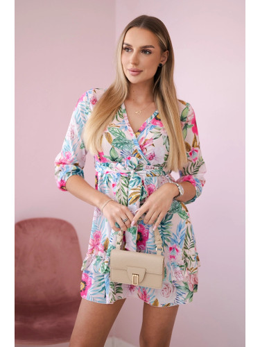 Floral dress with tie at the waist powder pink