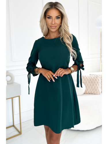 195-11 ALICE Trapezoidal dress with bows - BOTTLE GREEN