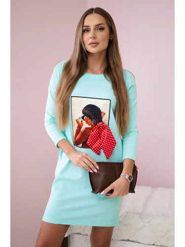 Dress with graphics and bow in polka dot 3D mint