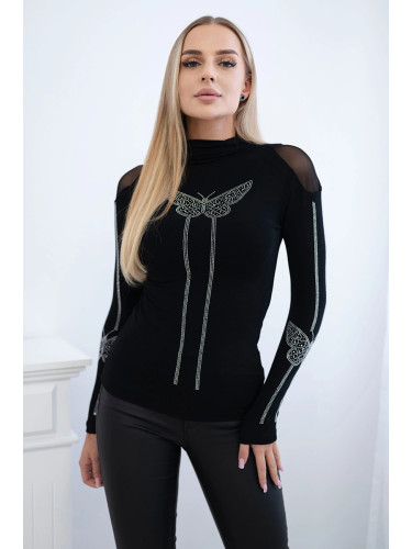 Knitted blouse with a bow tie made of black cubic zirconia