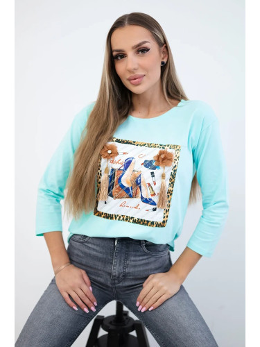 Blouse with 3D graphics and decorative pom pom-mint