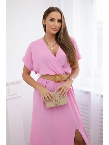 Long dress with a decorative belt in light pink color