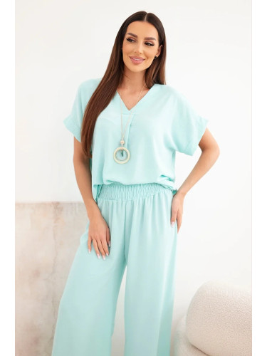 Women's set blouse with necklace + trousers - mint