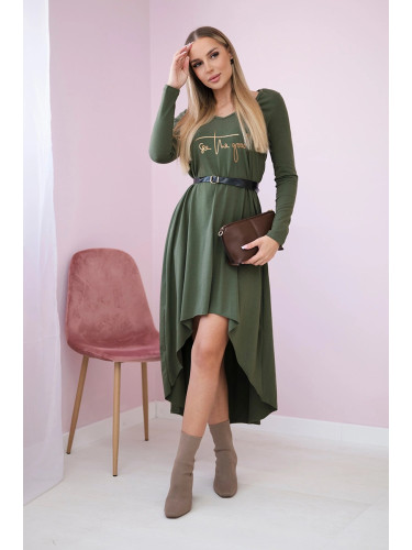 Dress with decorative belt and khaki inscription