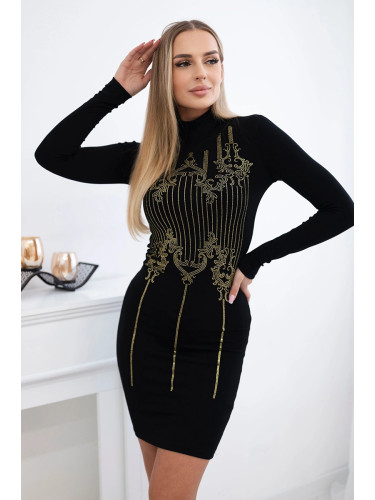 Knitted dress with a gold pattern of black cubic zirconia