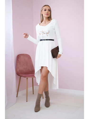 Dress with decorative belt and ecru inscription