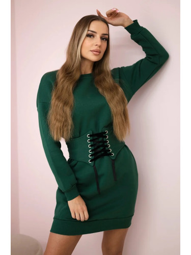 Insulated dress with a decorative belt in dark green color