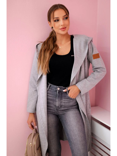 Long cardigan with a hood in gray color